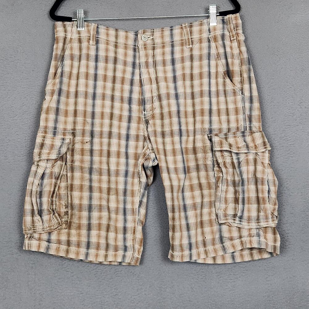 Levis Cargo Shorts Mens 34 Beige Plaid 11" Inseam Cotton Pockets Casual
